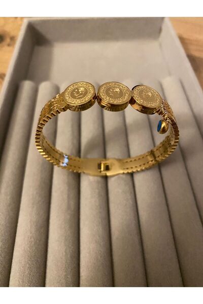 GUNESTAKI Gold Üçlü Çeyrekli Nazar Boncuklu Çelik Kelepçe Bileklik
