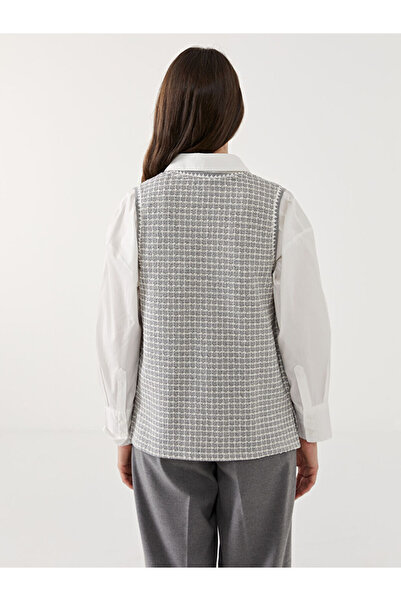 LC Waikiki Gray V-Neck Plaid Women's Vest