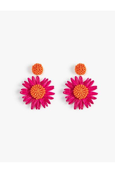 Koton Straw Earrings Floral Beaded Dangle