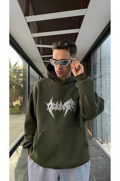 XPUPPETWEAR Ossuary Kabartma Baskılı Premium Kapüşonlu Oversize Φούτερ - Χακί