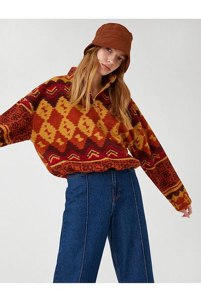 Koton Plush Sweatshirt Ethnic Patterned Long Sleeve with Zipper Collar