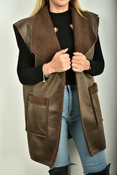 moda caddesi Front Pocket Shawl Collar Plush Detailed Nubuck Vest