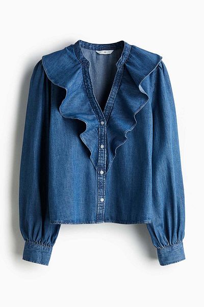 H&M Flounce-trimmed denim blouse