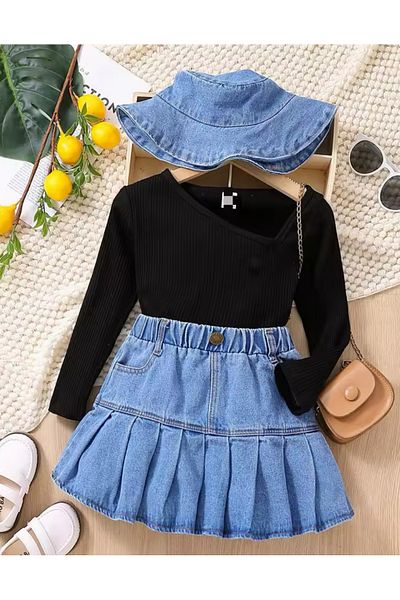 Calisa Set of 3 Denim Skirt Hat Blouse