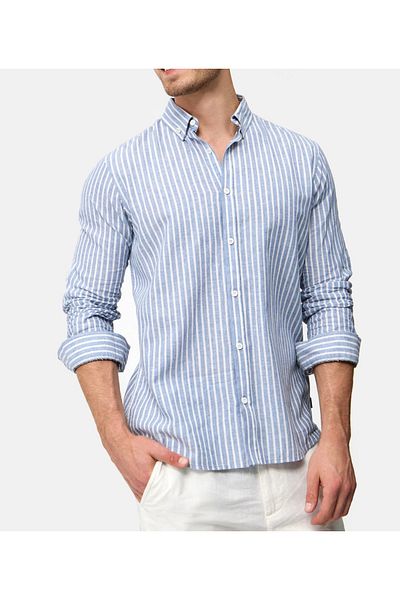 Piola Club Ανδρικό πουκάμισο Blue Slim Fit - Βαμβακερό, Λινό Πέτο, Ρίγες με Κουμπιά