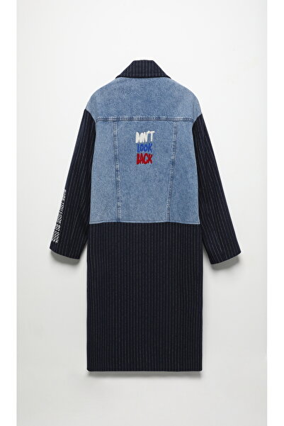 Quzu Синій довгий пальто - з вишивкою та джинсовою підкладкою