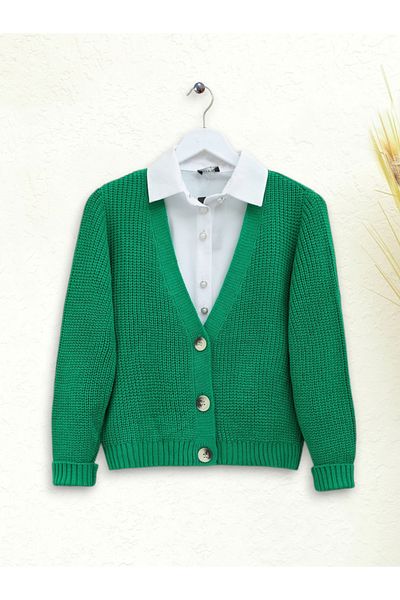 Modamorfo Green Knitted Patterned Buttoned Cardigan