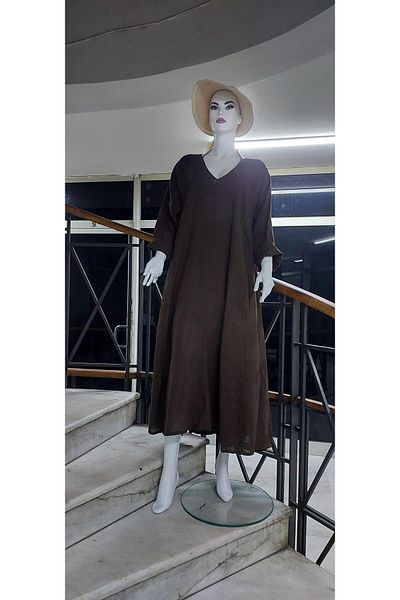 Bohem Stil Ιταλικό λινό μακρυμάνικο φόρεμα με λαιμόκοψη V