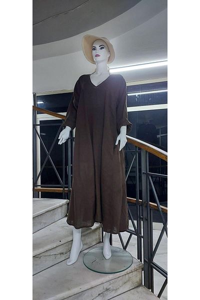 Bohem Stil Ιταλικό λινό μακρυμάνικο φόρεμα με λαιμόκοψη V