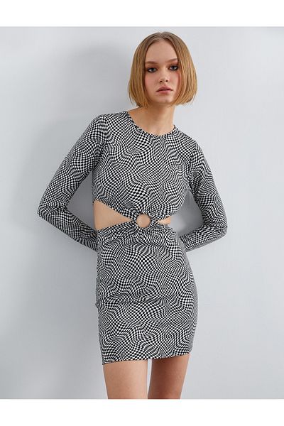 Koton Patterned Mini Dress with Window Detail