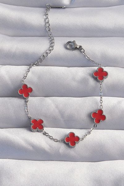 Clariss 316L Steel Baby Boy Silver Color Red Enamel Clover Bracelet