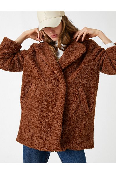 Koton Plush Double Breasted Coat with Double Button Pockets