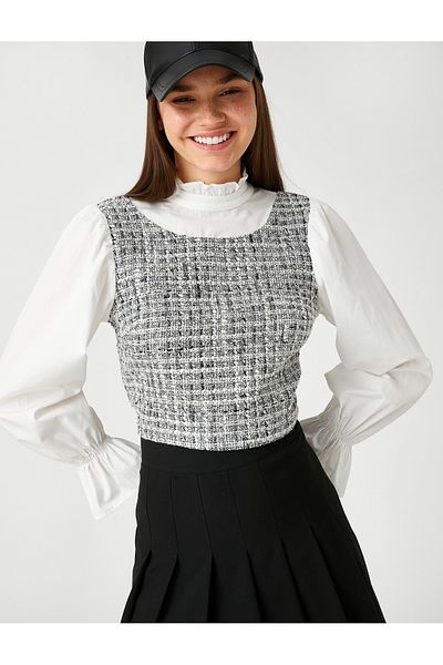 Koton Tweed-Bluse mit langen Ärmeln und Rüschenkragen