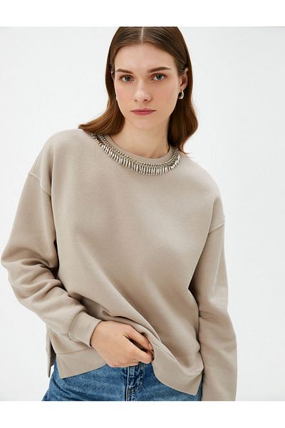 Koton Bright Stone Detailed Crew Neck Sweatshirt - Ribbed Handmade Collection