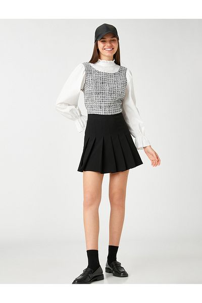 Koton Tweed-Bluse mit langen Ärmeln und Rüschenkragen