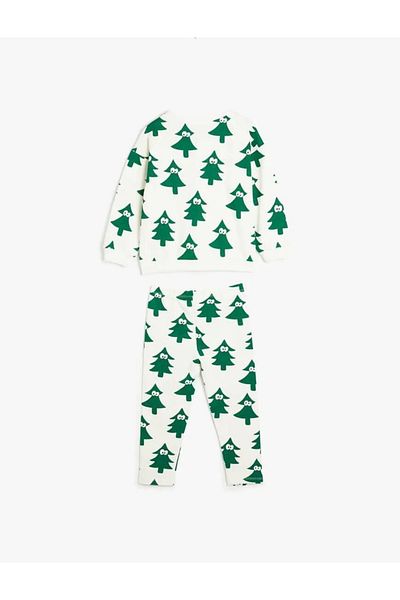 Koton Baumwoll-Trainingsanzug-Set mit Weihnachtsbaum-Aufdruck – Raster