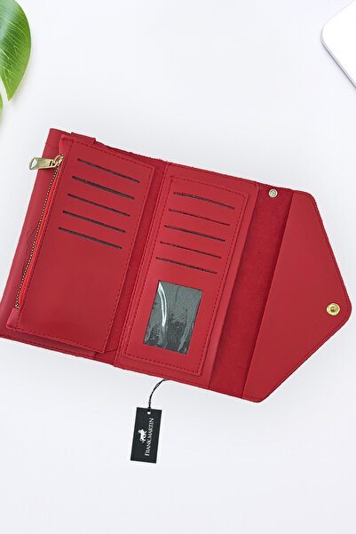 Frank Martin Zumrut Telefon Kağıt ve Bozuk Para Bölmeli Zarf Model Portföy Kadın Cüzdan Kırmızı