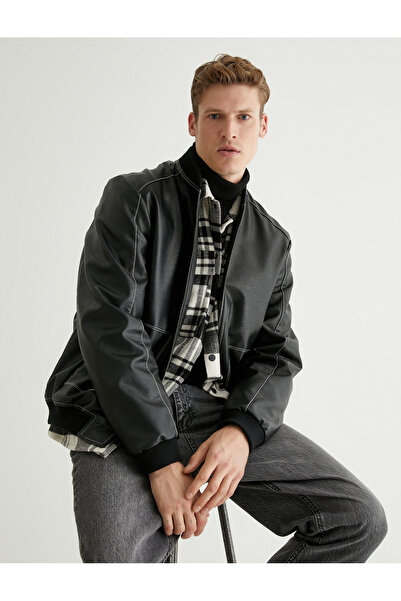 Koton Bomber Jacket Δερμάτινο look με λεπτομέρεια ραφής και τσέπη με φερμουάρ
