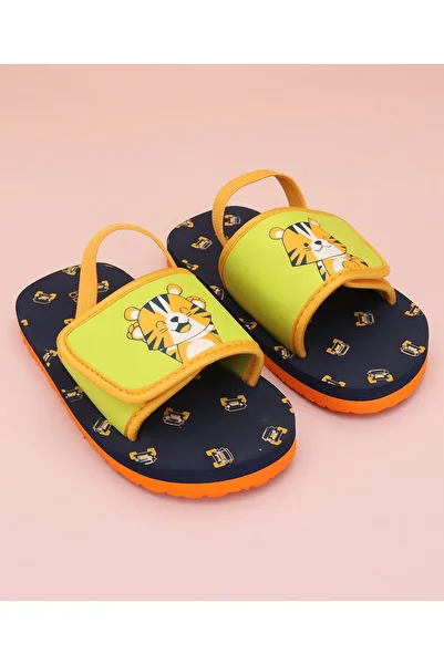 Babyoye Slip On Flip Flops with Velcro Closure & Back Strap Tiger Print - Blue & Yellow
