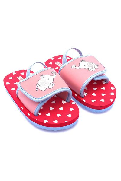 Babyoye Back Strap Flip Flops With Heart & Elephant Print - Red