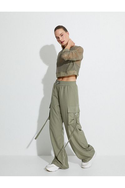 Koton Wide Leg Cargo Sweatpants Parachute Fabric High Waisted Elastic