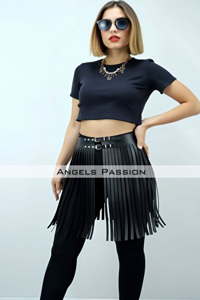 Angels Passion 1.2 cm Şık Püsküllü Deri Etek, Şort Üzeri Püsküllü Etek