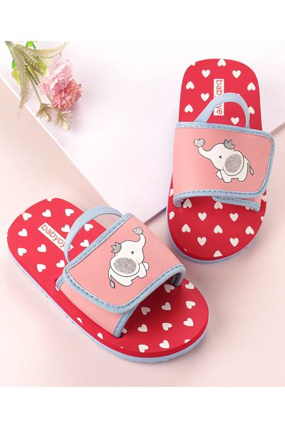 Babyoye Back Strap Flip Flops With Heart & Elephant Print - Red