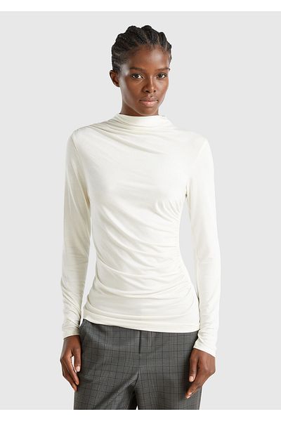 United Colors of Benetton Women's Cream Modal Blended Shoulder Drawstring Detail Half Turtleneck Sweatshirt