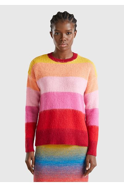 United Colors of Benetton Women's Pink Alpaca Blended Thick Color Block Round Neck Sweater