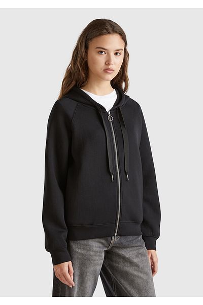 United Colors of Benetton Women's Black Viscous Sweatshirt - Hooded, Zip-Up and Drawstring