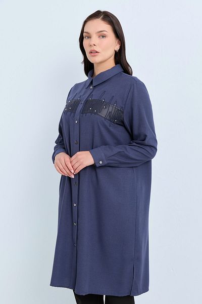 Nihan Indigo Embroidered Tunic - Plus Size Leather Garnish