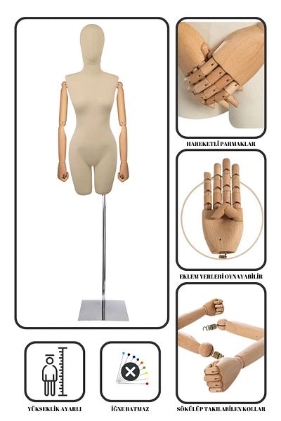 Manken İstanbul Pinocchio Wooden Handle - Head Display Manikin Tailor (Size 36-46)