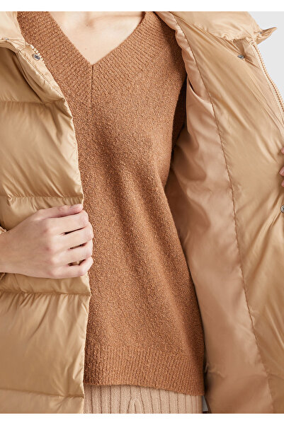 United Colors of Benetton Women's Beige Goose down Padded Button Closure High Collar Long down Coat