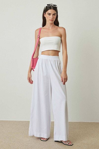 Hooopstore Λευκό λινό παντελόνι με φαρδύ πόδι