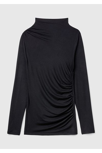 United Colors of Benetton Women's Black Modal Blended Shoulder Drawstring Detail Half Turtleneck Sweatshirt
