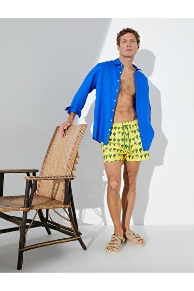 Koton Κοντό μαγιό με στάμπα με θέμα τον κάκτο, δαντέλα στη μέση και τσέπη