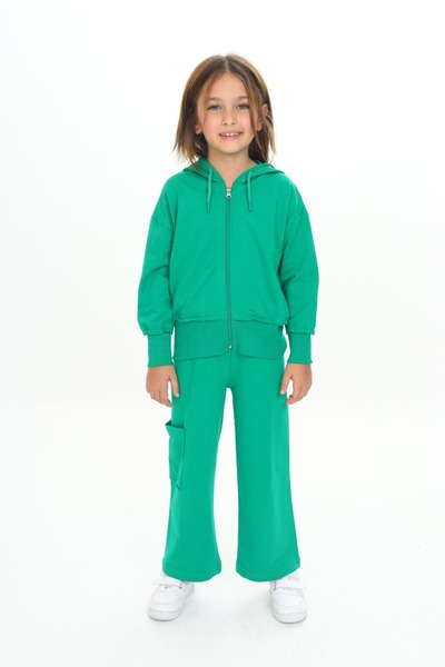 Toontoy Set de trening pentru fetiță cu cu glugă fermoar și detaliu cu volane