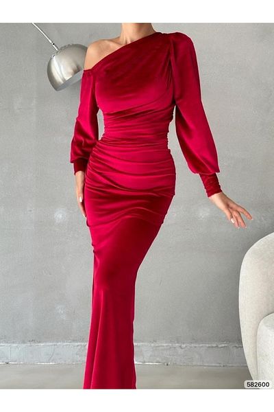 Modamorfo Balloon Sleeve Slit Long Dress -Red