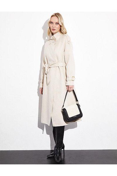 Kayra Cream Premium Stand Collar Double Breasted Belted Cashmere Coat