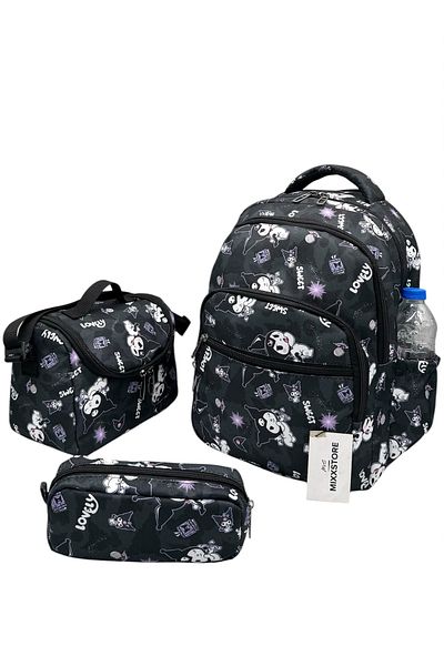Çınka Bags Set de rucsac pentru școala primară cu model de caractere de culoare neagră cu nutriție din folie și suport pentru stilou
