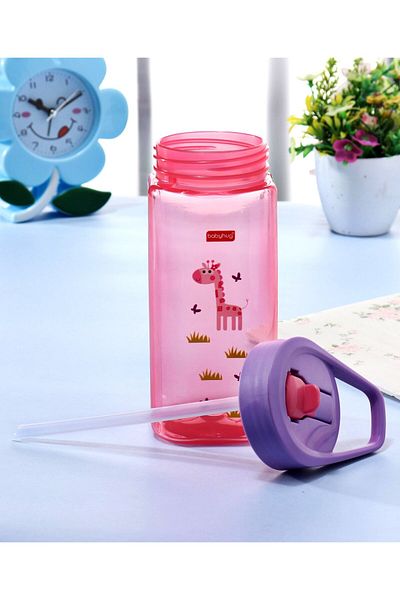 Babyhug Babyhug Giraffe Print BPA-Free Spill-Free Sipper Pink/Purple, Ergonomic Flip Lid, 420mL for Ages 3-6