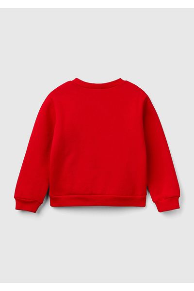 United Colors of Benetton Girl's Red Hem Logo Cartoon Printed Crew Neck Sweatshirt