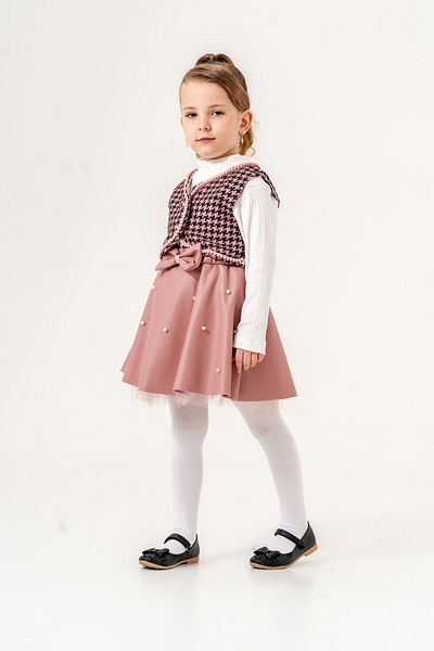 Eray Kids Costum cu fustă din piele pentru fete, cu fundă cu perle, cu model Houndstooth