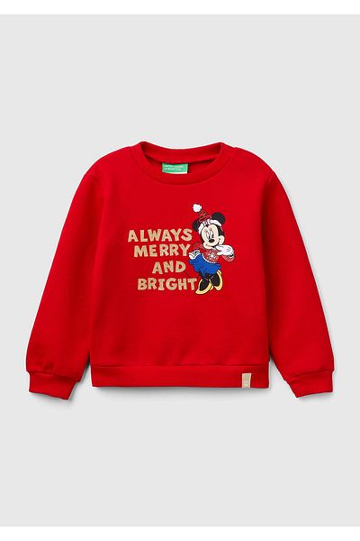 United Colors of Benetton Girl's Red Hem Logo Cartoon Printed Crew Neck Sweatshirt