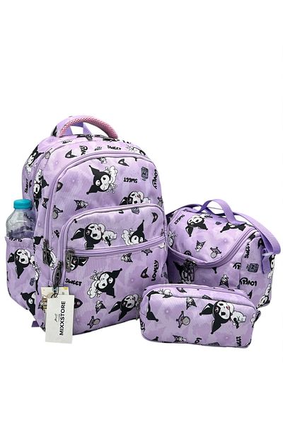 Çınka Bags Set de rucsac pentru școala primară cu model de caractere de culoare liliac cu nutriție din folie și suport pentru stilou