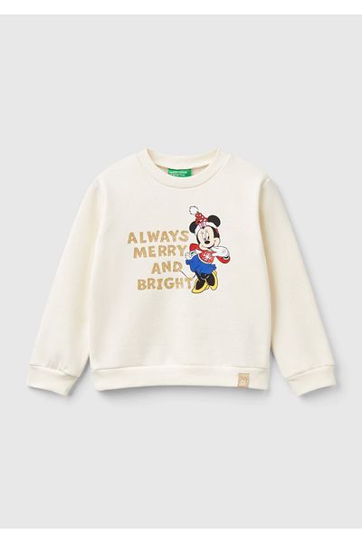 United Colors of Benetton Girl's Ecru Hemline Logo Cartoon Printed Crew Neck Sweatshirt