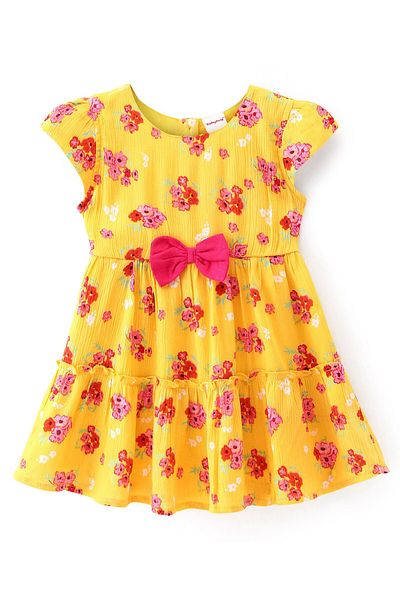 Babyhug Babyhug Rayon Woven Cap Sleeves Floral Printed Frock with Bow Applique - Yellow