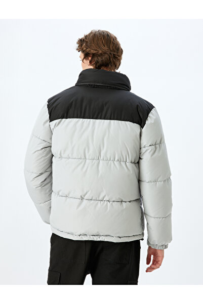 Koton Stand Collar Color Contrast Slim Fit Slogan Printed Zippered Puffer Coat