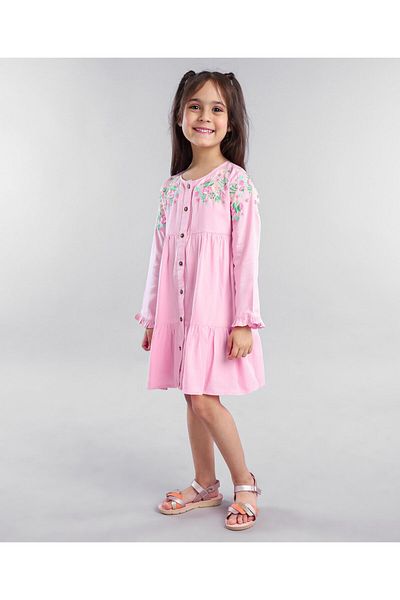 Babyhug Babyhug Full Sleeves Frock Floral Embroidery - Pink