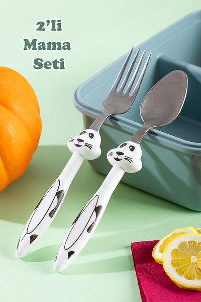 Porsima 3363 2-Piece Colorful Children's Food Fork Spoon Set - White and Red with Animal Figures
